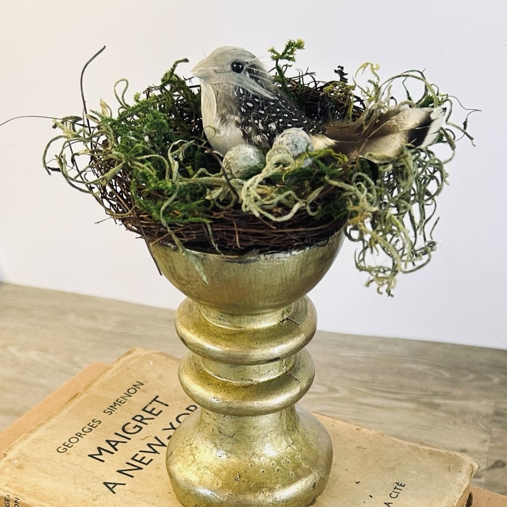 Bird Nest with Eggs Gold Pedestal Decor French Country Farmhouse Cottage Core